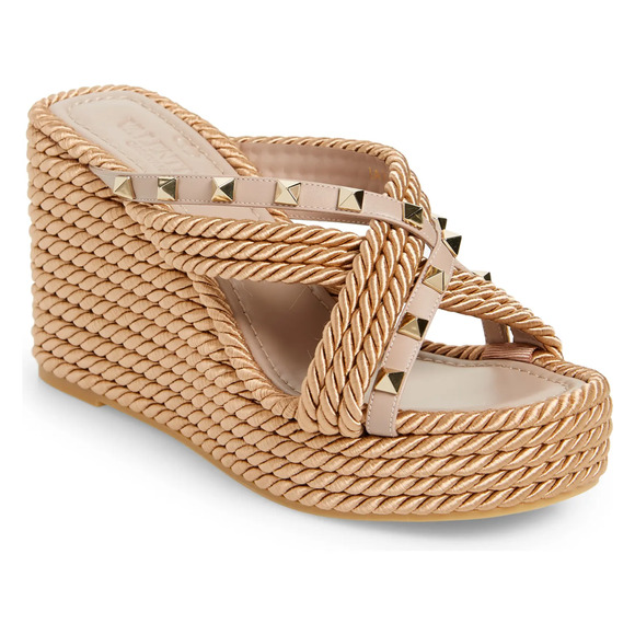 Valentino Rockstud Torchon Poudre Nude Cord Rope Wedge Backless Slide Sandal 42 - Picture 2 of 12